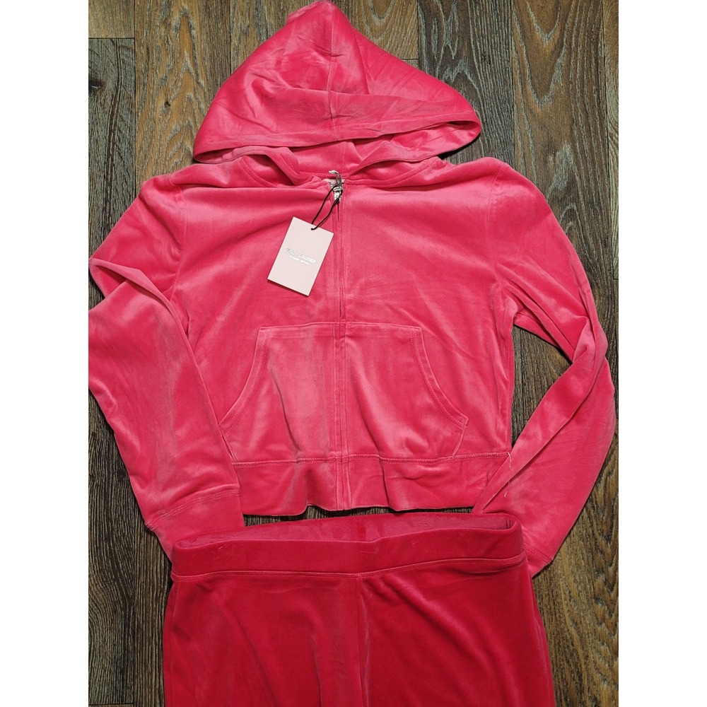 Juicy Couture Pink Party Velour Tracksuit Set Hoodie Pants Rhinestone Logo L NEW - Picture 3 of 5